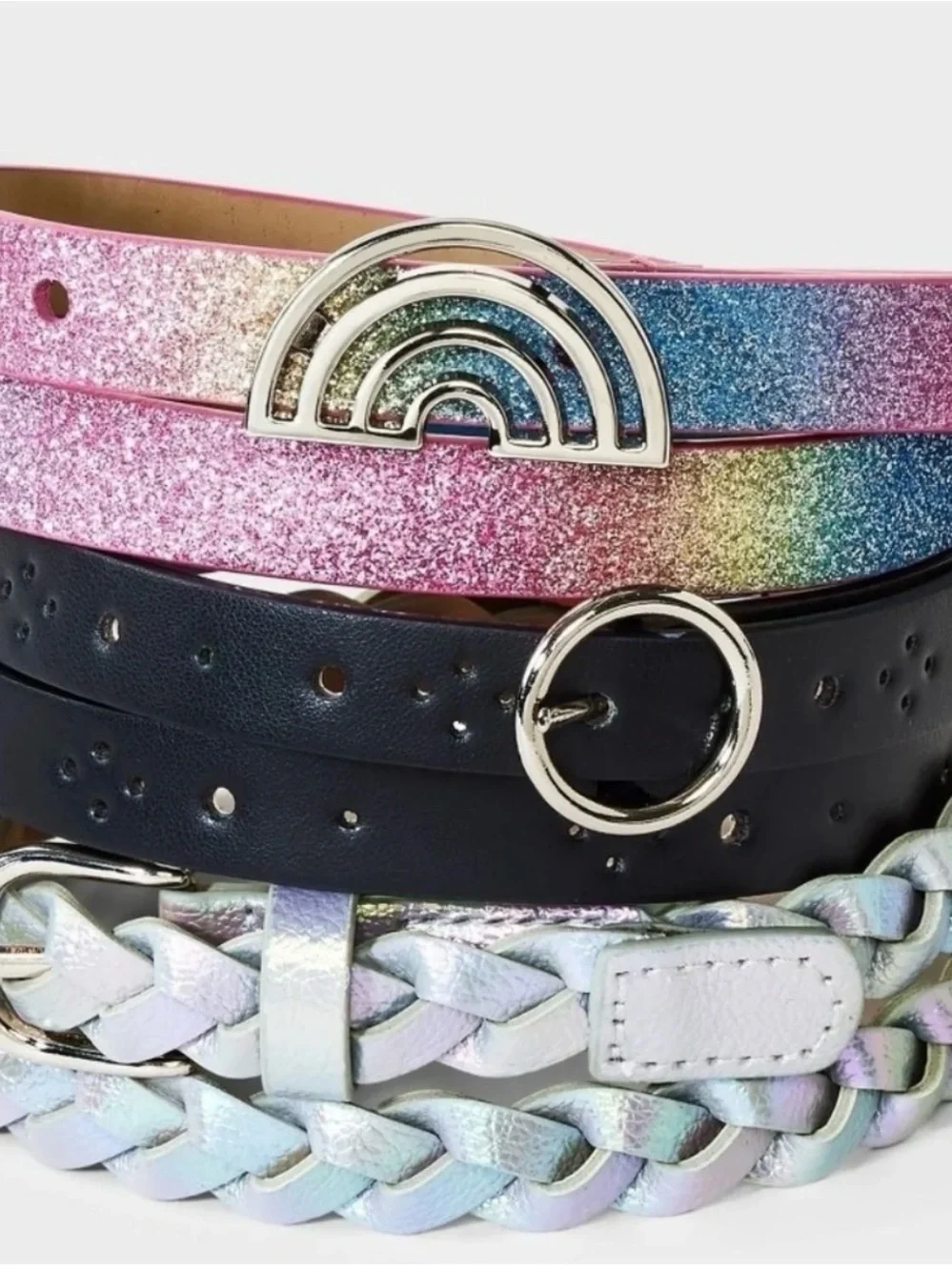 Cat & Jack Pink Glitter Rainbow Buckle, Black Round, Iridescent Braided Belt Set